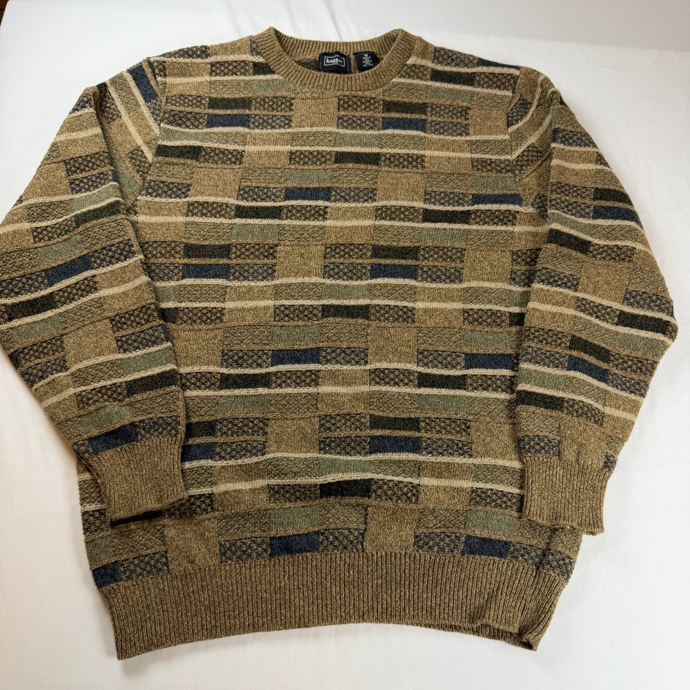 Vintage Haggar Mens Medium Geometric Knit Sweater Brown Earth Tone Made in USA